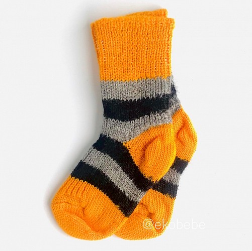 Wool Baby Socks with Stripes - Curry