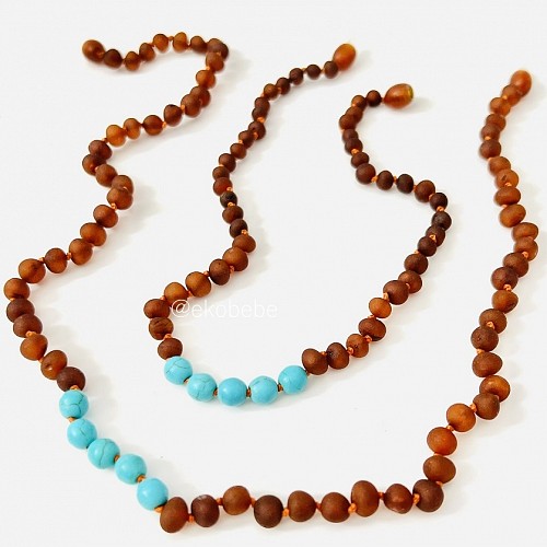 Adult Amber Necklace with Turquoise - Raw Cognac Set