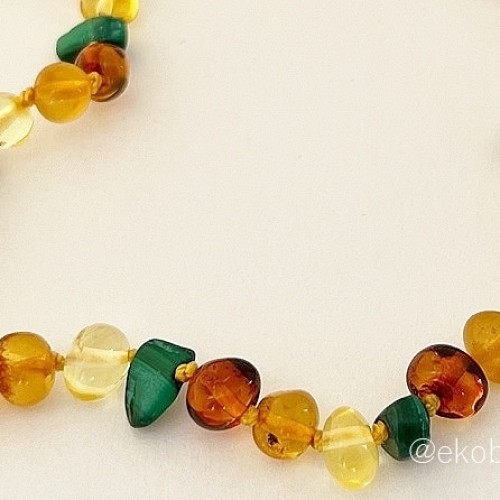 Amber Teething Necklace with Malachite Chips