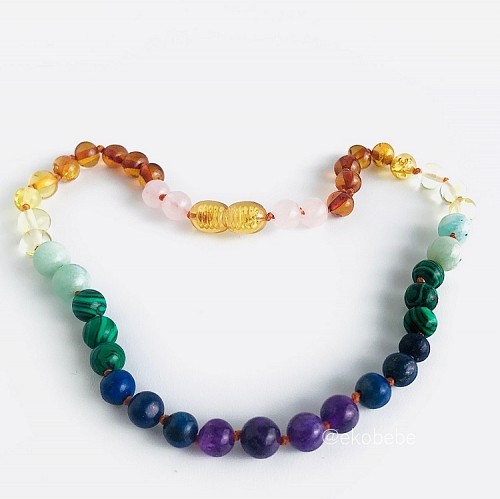 Amber Teething Necklace with Gemstones - Rainbow