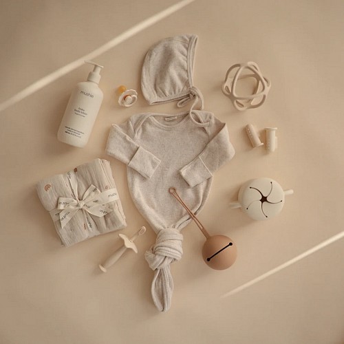 Mushie Ribbed Knotted Newborn Baby Gown - Beige Melange