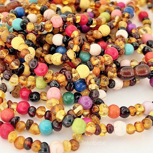 Baltic Amber Necklace 38cm with Gemstones - Fiesta