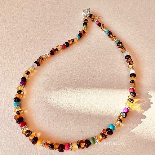 Baltic Amber Choker Necklace 38-42cm with Gemstones - Fiesta