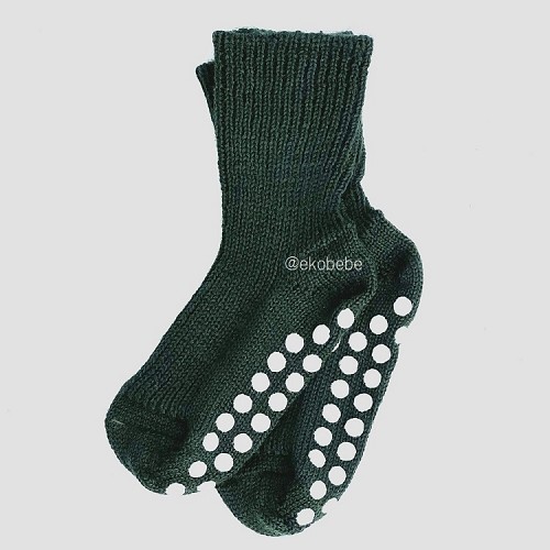 Wool Children Socks with Non Slip Protection - Dark Green