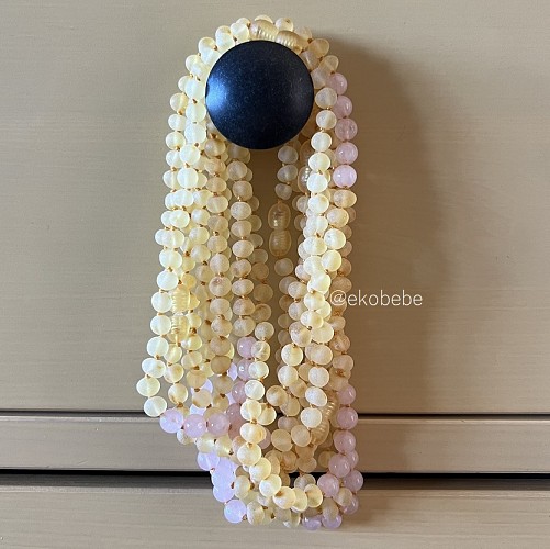 Amber Teething Necklace with Rose Quartz