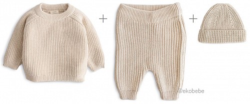 Organic NEWBORN Chunky Sweater Pants Beanie SET - Natural Oat