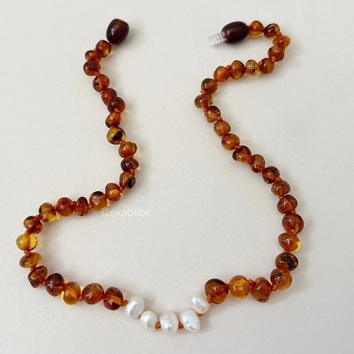 Baltic Amber Teething Necklace with Pearls - Cognac