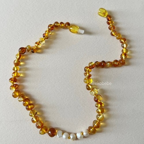 Baltic Amber Teething Necklace with Pearls - Honey