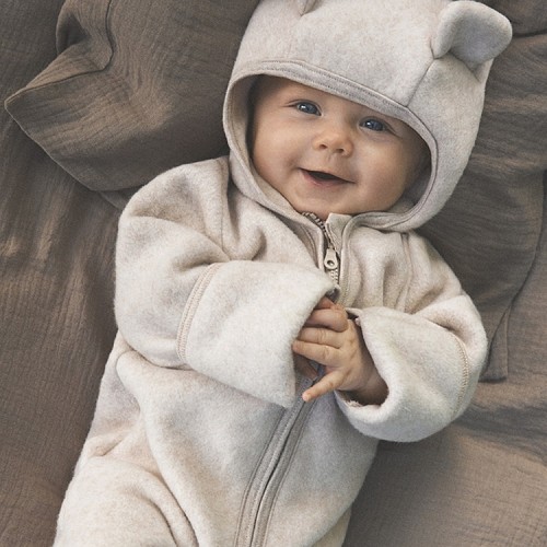 Soft Cotton Pram Suit with Ears - Sand