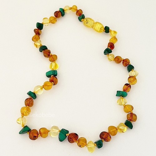 Amber Teething Necklace with Malachite Chips