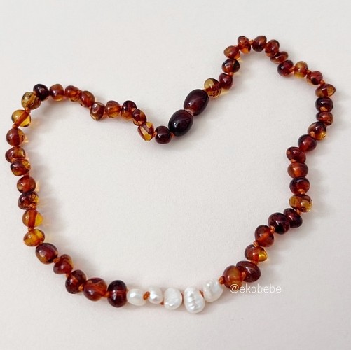 Baltic Amber Teething Necklace with Pearls - Cognac